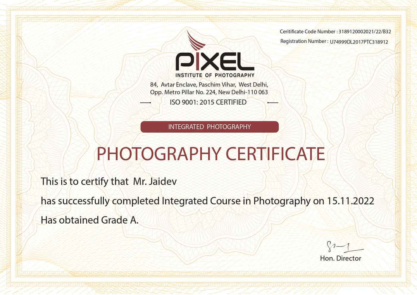 Integrated Professional Photography Course certificate