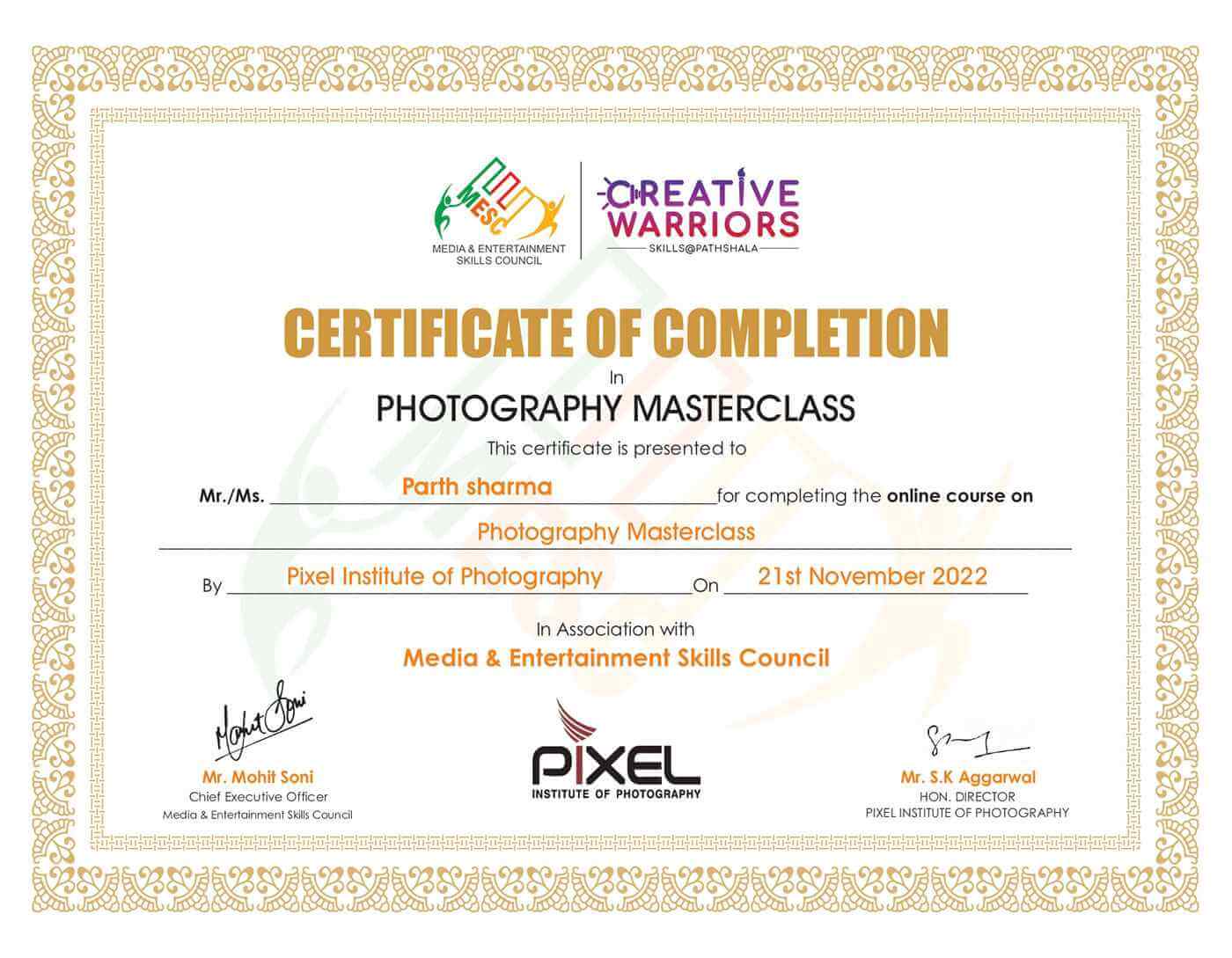 Photography Masterclass Certificate
